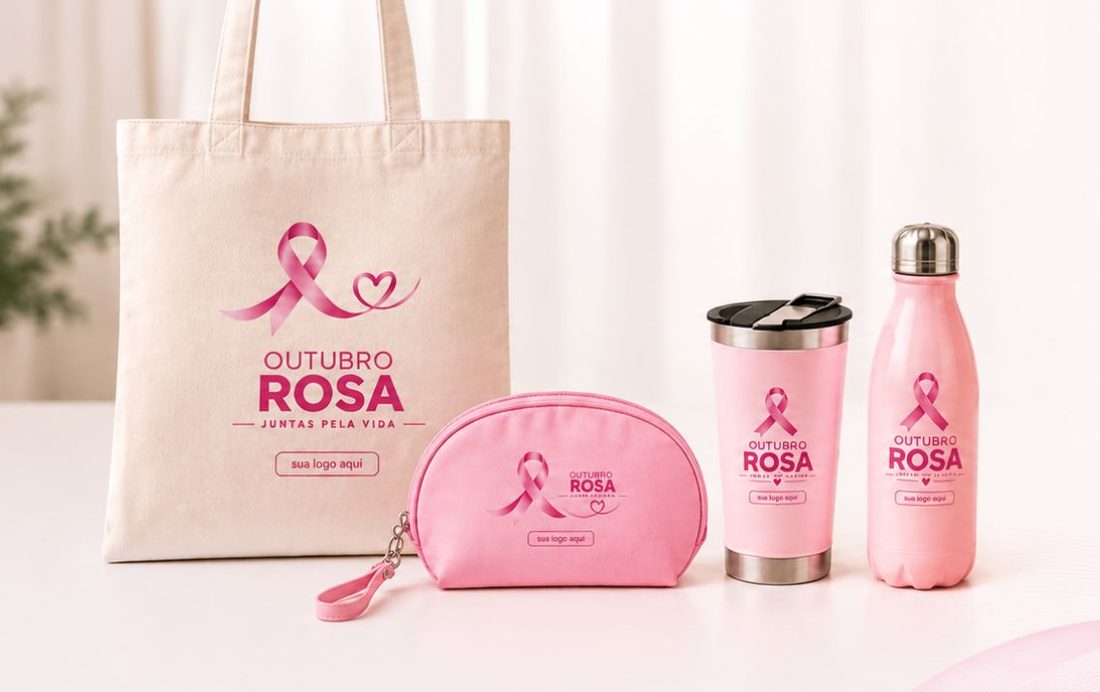 Ecobag, necessaire, copo térmico e garrafa personalizados para Outubro Rosa