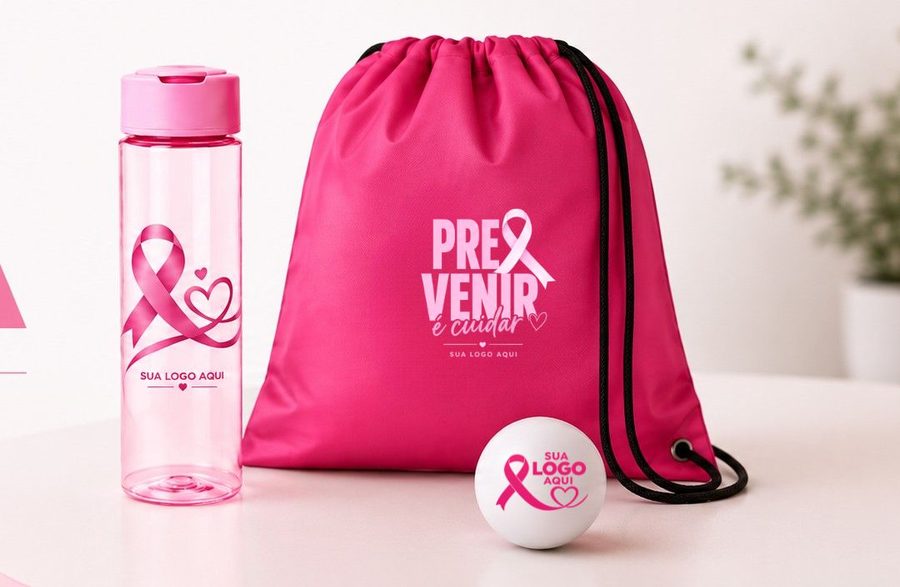 Squeeze, mochila saco e bolinha antiestresse personalizados para Outubro Rosa