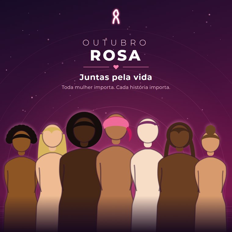 Ilustração de sete mulheres de diferentes tons de pele, cabelos e tipos de corpo lado a lado sob o laço do Outubro Rosa