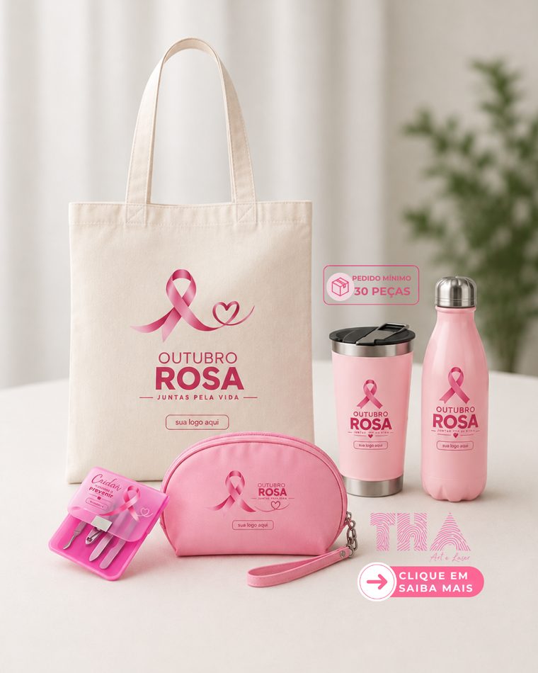 Kit Outubro Rosa com ecobag, necessaire, copo térmico, garrafa e kit manicure